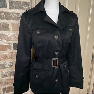 Gallery Black Short Belted Trench Coat Button Details